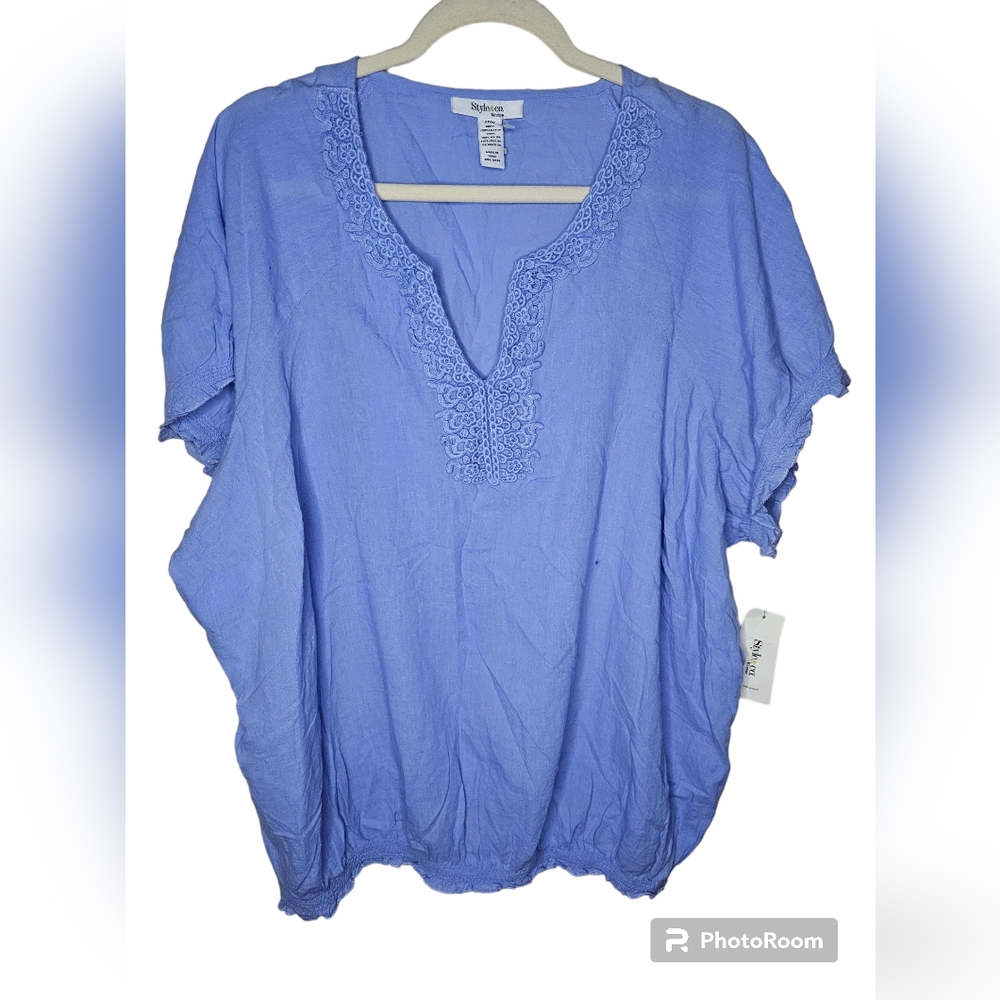 Style&Co women's sky blue 100% cotton embroidered design top size 20W